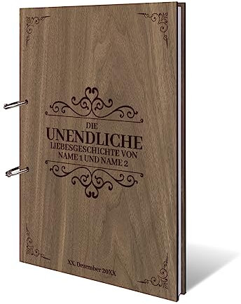 Hochzeit Gästebuch Okoume Holz Gravur individuell Holzcover mit 144 Naturpapier Innenseiten DIN A4 hoch 215 x 302 mm - Liebesgeschichte