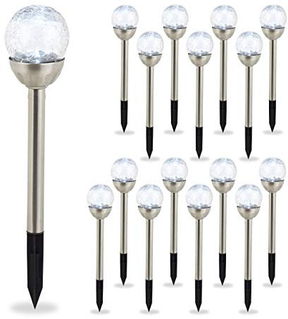 Relaxdays 16 x Gartenleuchte Glaskugel, wasserdichte LED Solarleuchten Bruchglas Optik, weißes Licht, Wegeleuchte Garten, silber