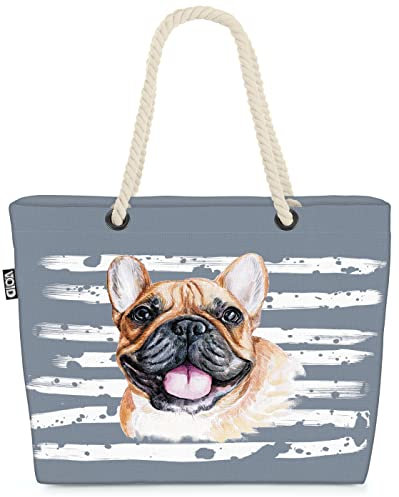 VOID XXL Strandtasche Französische Bulldogge Shopper Tasche 58x38x16cm 23L Beach Bag Hund, Kissen Farbe:Grau