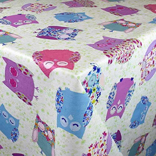 KEVKUS Wachstuch Tischdecke M19345 Bunte Eulen iila rosa blau wählbar in eckig rund oval (Rand: Schnittkante (ohne Einfassung), 100 x 140 cm eckig)