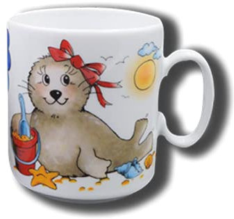Carstens Keramik® Namenstasse aus Porzellan Seehund Mädchen, Tasse mit Namen, Robbe Sandeimer, mit Gravur