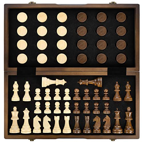 AMEROUS Magnetic Wooden Chess and Checkers Game Set, 15 Inches (2 in 1) Chess Board Games, 2 Extra Queens - Gift Package - Game Pieces Storage Slots, Beginner Chess Set for Kids, Adults