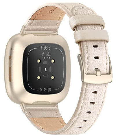 Tuocal Echtes Lederarmband, kompatibel mit Fitbit Versa 4 / Versa 3 / Fitbit Sense für Damen und Herren, weiches, atmungsaktives Echtleder, verstellbares Ersatzarmband für Fitbit Versa 3, beige, 8