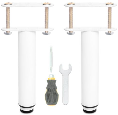 Pied de Lit Universel, Pieds pour Sommier à Lattes sans Perçage | Hauteur: 25cm(+20cm) Reglable | Design: Blanc | Matériel: Metallique | Ronde ø3.8cm | pour le Cadre Central | avec Boulons | Lot de 2