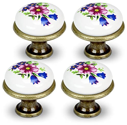 Mavö 4 Stück Möbelknöpfe Knauf Schrankknopf Vintage gold Porzellan Blume Schubladenknopf Landhaus Tito.5 (Altgold)