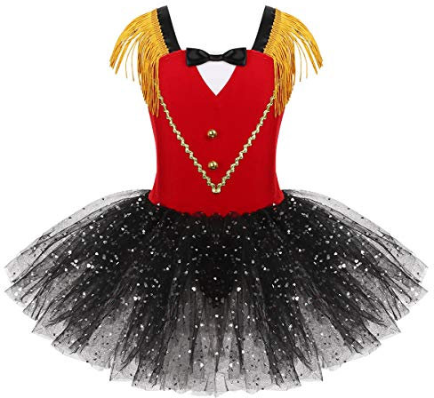 Freebily Kinder Mädchen Tanzkleid Tutu Zirkus Ringmaster Kleid Glitzer Pailletten Karneval Partykleid Festkleid Festzug Outfits Tanzkleidung Rot 170-176