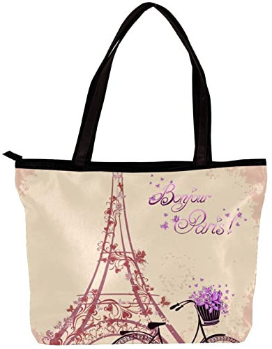 TBOUOBT Damen Tote Umhängetasche, Handtasche mit großer Kapazität,Paris Eiffelturm Purpur Blume