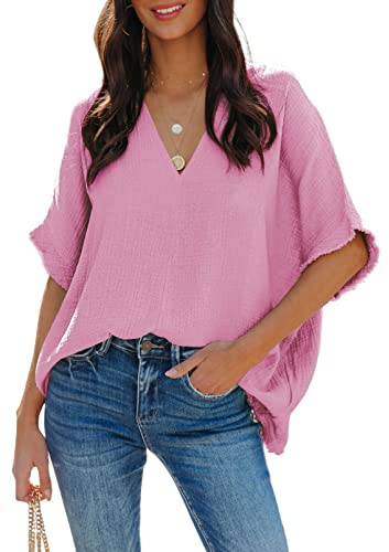 Dokotoo Damen Bluse V-Ausschnitt Musselin Tunika Shirt Oberteil Sommer Kurzarm Oversize Longshirt Leinenbluse Tops, rosa, L