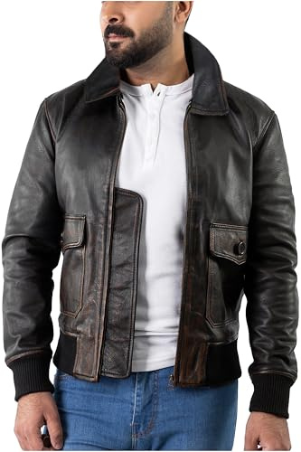 Giacca Bomber in Vera Pelle da Uomo | Con Colletto Aviatore Staccabile | Giacca in Pelle Stropicciata da Uomo, Nero , XXL