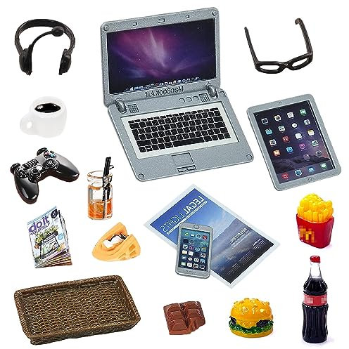 16 Stück Puppenhaus Laptop Set, Büro Tisch Szene Simulation, Miniatur Wichtel Zubehör, Mini Metall Laptop Tablet Zahnpasta Brille Getränke Hamburger