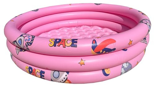 Paddling Pools for Kids, 130CM Round Inflatable Kids Swimming Pool, 3 Ring Paddling Pool with Inflatable Safety Bubble Floor, Space theme Swimming Pool for Kid Gardens Backyard Indoor (Pink)