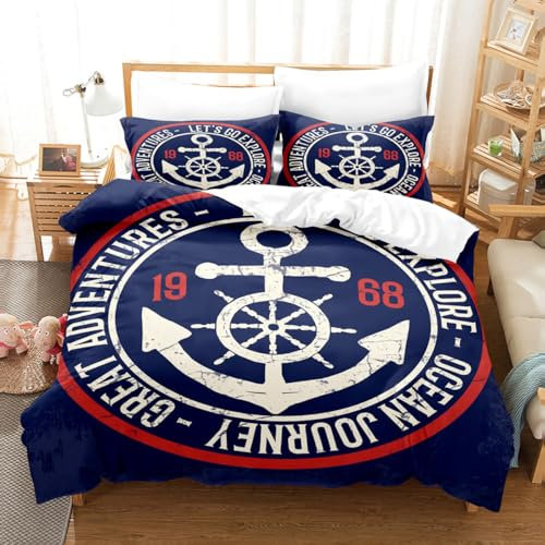 ZZTBQ Bettwäsche-Set 200x200 Kinderbettwäsche Bettbezug und Kissenbezug-Set Roter Anker nautischdruck auf Marine Blau und Weiß Streifen Bettwäsche Erwachsene Jungen und Mädchen