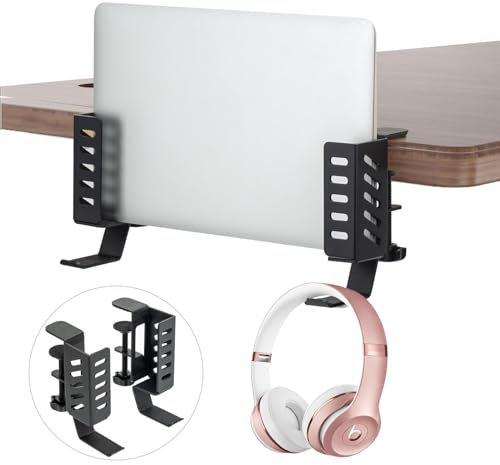 FEIKU Desk Side Vertical Laptop Stand,No Drill Laptop Desktop Mount,Hanging Laptop Holder for Desk Side,Clamp on Desk Side Storage Organizer for Laptops/Book/Keyboards/Headphone/Backpack Black