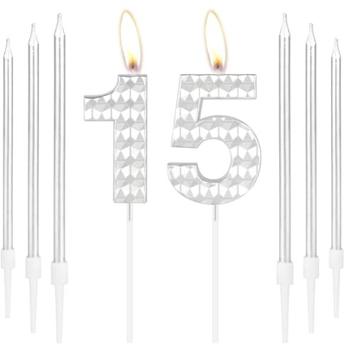 15th Birthday Candles, Silver Number 15 Cake Topper for Girls Boys Women Men - Party Decorations for Anniversary and Wedding
