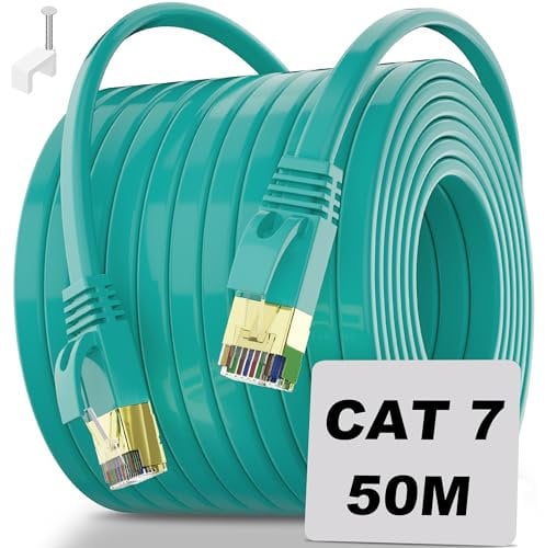 Soibke Cavo Ethernet CAT7 Esterno 50m - Cavo di Rete Piatto Schermato 10Gbps/600MHz, Certificato CE/RoHS, Compatibile con Router TIM/Fastweb