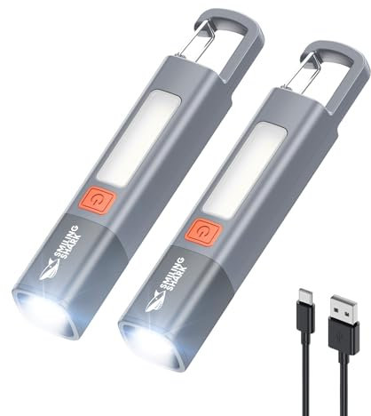 Smiling Shark Taschenlampe, G1 2 Stück Extrem Hell LED Taschenlampe Aufladbar mit Seitenlicht & 3 Modi & Zoombar Wasserdicht 2-In-1 Mini Taschenlampen Mit Haken Für Wander/Notfälle/Camping, Grau