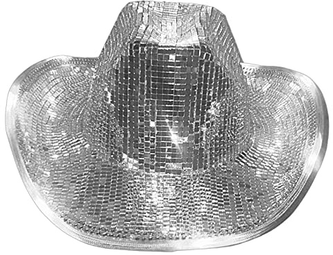 Silberner Cowboyhut, Disco-Hut, neonfarbene glitzernde Cowgirl-Hüte, Spiegelball, atemberaubender Glitzer-Hut, handgefertigter Discoball-Cowboyhut, -Kostümhut für Damen und Herren