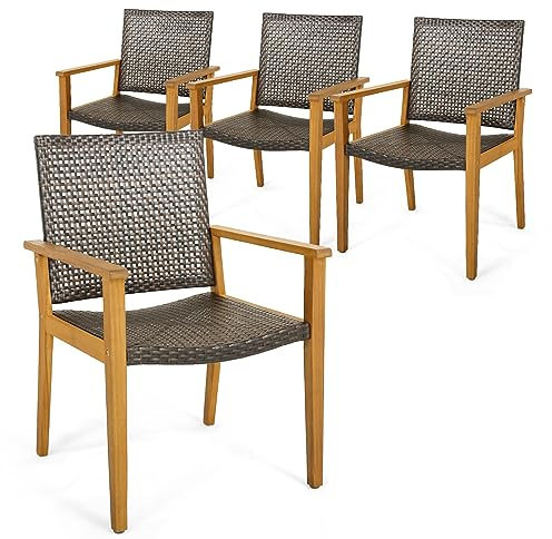 COSTWAY Rattan Garden Chairs Set of 4, Outdoor Dining Chairs with Curved Seat, Armrests & Non-slip Footpads, Acacia Wood Frame PE Wicker Patio Armchairs for Backyard Poolside Balcony