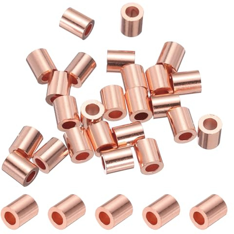 PATIKIL 3/32/ 2.5mm Draht Seil Stopfen Hülse 25 Packung Kupfer Crimping Schlaufe Hülsen Ende für Draht Seil Kabel Aderendhülse Gold Ton