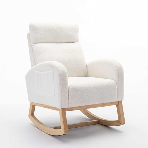 LULUWA Mid Century Modern Teddy Fabric Upholstered Rocking Chair Padded Seat For Living Room Bedroom (Beige)