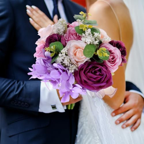 M METERXITY Bouquet da Sposa per Sposa, Bouquet di Fiori Artificiali per Matrimonio Bouquet Nuziale per Sposa/Dama Onore, Bouquet Multicolore con Nastro Seta [Viola]