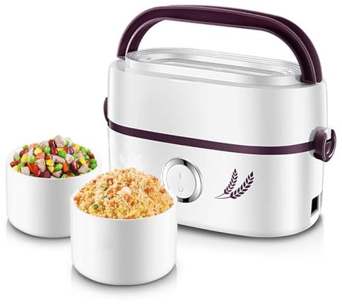 Electric Heated Lunch Box - 1L 250W Portable Food Warmer with 2 Ceramic Liner for Adults, Mini Rice Cooker And Steamer, Fast Heating Lunch Box for Work/Office/Home