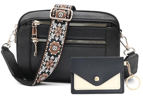 JinDouer Kleine Umhängetasche Damen Vegan Leder, Crossbody Bag vintage mit Vleien Fächer, Handtasche mit Abnehmbarem Modern Breitem Schultergurt, Münzbörsen für Damen Senden (Schwarz)