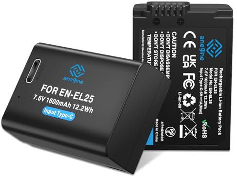 Anegine EN-EL25 Battery 1600 mAh Full Decoding with 2-in-1 Type-C Charging Cable for Nikon Z30, Z50, Zfc Camera Suitable for Nikon Charger MH-32-4333 (Pack of 2)