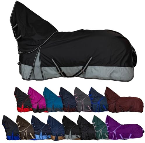 RL24 - Weidedecke Full Neck Basicline 600D Polarfleecefutter – als Regendecke & Übergangsdecke – wasserdichte Outdoordecke mit Kreuzbegurtung – Pferdedecke in Schwarz/Grau – Größe 125cm