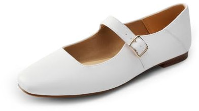 DREAM PAIRS Women's Flats Square Toe Mary Jane Flats Comfortable Casual Slip On Dress Shoes Ballet Flats with Buckle Strap Business Casual Work Office Mary Jane Shoes,Size 5,White,DWUMFA2520