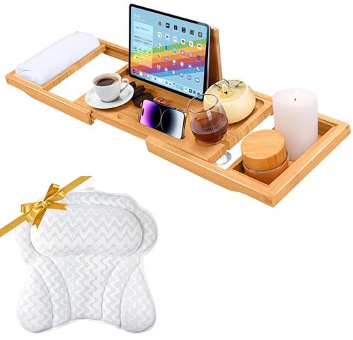 ADOV Bamboo Bath Tray and Ergonomic Bath Pillow Set, Adjustable Wooden Bathtub Caddy with Book, Tablet & Glass Holder, Non-Slip 4D Air Mesh Cushion for Neck, Head & Back Support, Home Spa Accessory