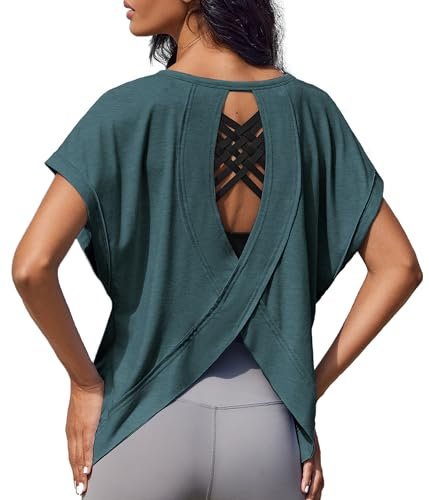 Weardear Sportshirt Damen Kurzarm Funktionsshirt Rückenfreies Laufshirt Loose Fit Sport Tshirt Atmungsaktiv Kurzarmshirt Gym Yoga Workout Fitness Oberteil Lang Sommer Grün M