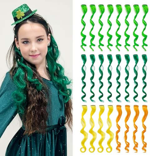 Dreamlover Haarschmuck Mädchen, Bunte Haarsträhnen zum Einklipsen, Grüne Haarsträhnen für Kinder, 4 Farben 24 Stücke