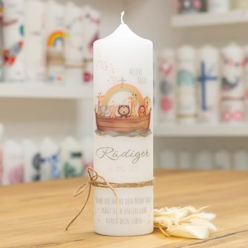 meinkerzenshop Taufkerze mit Designdruck RÜDIGER mit Arche Noah personalisiert mit Name und Datum, individuell für Junge und Mädchen