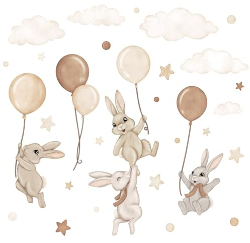 Wally Fox - Wandsticker Kinderzimmer - Wandtattoo Babyzimmer - Ungiftig, sicher, leistungsstark - 29 Stück Sticker, Hasen mit Luftballons, Hasen, Luftballons, Sterne - Braun, Beige