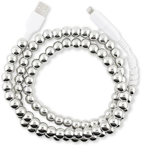 MyfavoriteK Cute Beaded Phone Charger Metallic Colors USB Cable iPhone 2-in-1 USB-C and iPhone Charging Cable Colorful 3.3ft Cord for Smartphones (Silver)