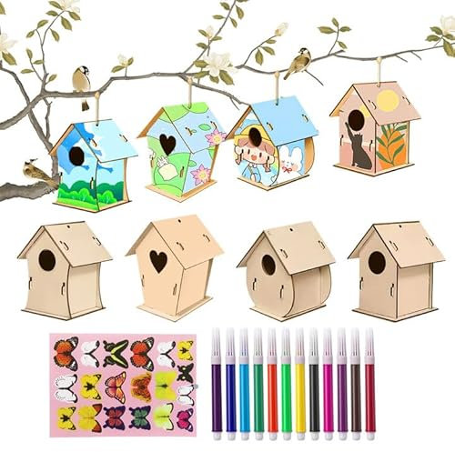 PORUPAEL 8 Stück Vogelhaus Bausatz für Kinder, DIY Holz Vogelhaus zum Bauen und Bemalen, Bastelset Kinder ab 4 Jahre, Spielzeug Geschenke für Jungen Mädchen