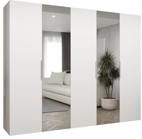 MEBLE KRYSPOL - Kleiderschrank mit Spiegel - Drehtürenschrank - Schrank 250x202x52cm - Garderobenschrank Schlafzimmer, Flur, Jugendzimmer - Farbe Weiß, Griff Kaschmir - Marbella 2 250