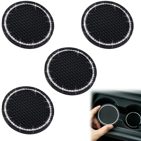 4 Pack Car Cup Holder Insert - 2.75 Non-slip Car Coasters with Honeycomb Texture & Shiny Crystal Accents - Anti-shock Car Cup Coaster - Compatible with Cars, SUVs, Trucks, etc. (Black)