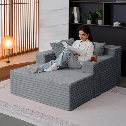 Meulbaty Schlafsofa übergroßes gepolstertes | 1-Sitzer Schlafcouch (156x 120cm)|Lesesessel, Flauschige Plüsch-Wolkensofas aus Kunstfell für das Wohnzimmer, Kino,Grau