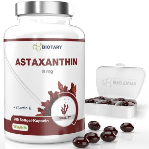 Astaxanthin 8 mg 200 Softgel Kapseln Haematococcus pluvialis Alge Vitamin E | Inklusive Pillenbox 6,5 Monate Vorrat 100% vegan reine Rezeptur geprüfte Qualität