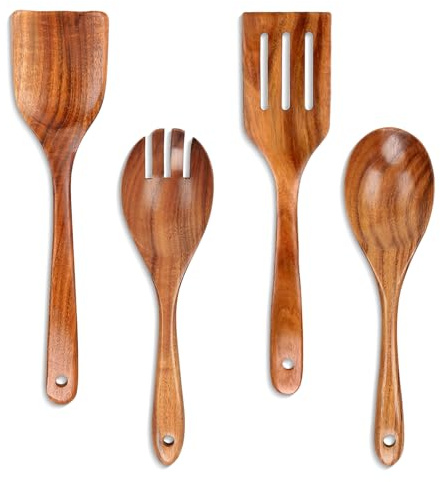 Woodique Set di 4 utensili da cucina in legno di teak, atossico, spatola wok, spatola per pesce scanalata, cucchiaio angolare, cucchiaio scanalato, bordo liscio, antigraffio, per padelle antiaderenti