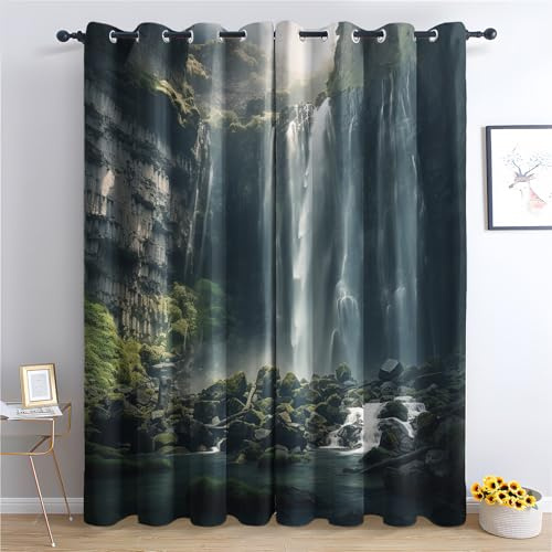 QEODAH Wasserfall Vorhänge 3D Natur Landschaft Wald Verdunklungsvorhänge, Vorhang Blickdicht Gardinen mit Ösen, Schlafzimmer Wohnzimmer Deko, Thermovorhang 2er Set H 137 x B 117 cm