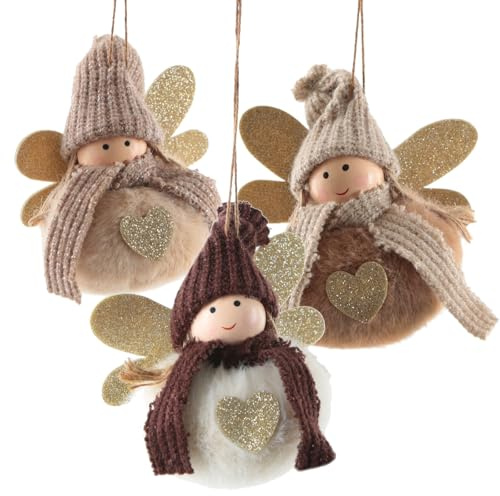 Engel Anhänger 3er Set Stoff & Wolle – Weihnachtsengel Creme braun Gold 8 cm – Schutzengel Winterdeko – Logbuch-Verlag