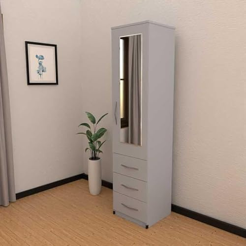 Assembled Modern Small White Wardrobe with Mirror Door, 3 Drawers, 184cm Height, Free Standing (Silver)