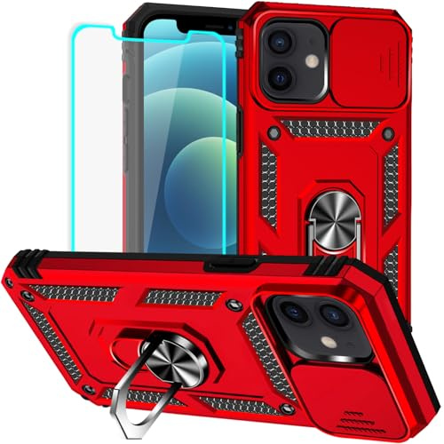 Yiakeng for iPhone 12 Case with Screen Protector: [Military Grade 20ft. Drop Tested] Slide Camera Cover Ring Shockproof Protective Phone Case for - iPhone 12 (Red)