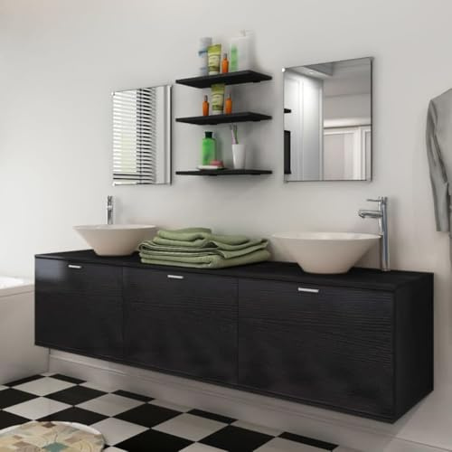 HETFTJN Schwarzes 180 cm Badmöbel-Set mit Doppelwaschbecken und Spiegeln aus MDF und Keramik Modernes Design Langlebig für Badezimmer Gäste-WC