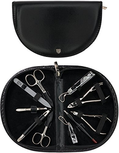 DREI SCHWERTER Germany Maniküreset Nagel Set 'Brescia' - 10-tlg. | edles schwarzes Kunstleder | Inhalt: Nagelschere, Nagelzange, Glasnagelfeile und vieles mehr