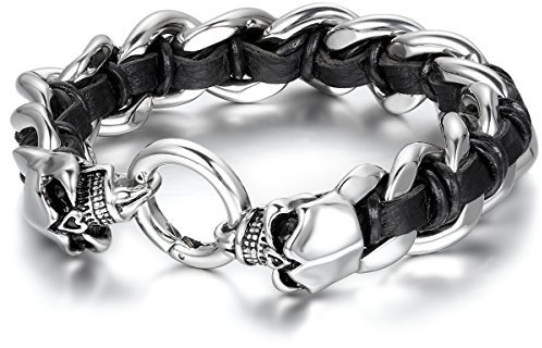 JewelryWe Herren Armband, Gothic Totenkopf Schädel Leder Linkarmband Armreif Schwarz Silber