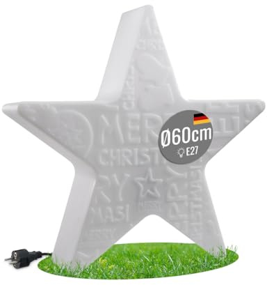 8 seasons design Shining Star Merry Christmas LED Weihnachtsstern Ø 60 cm (Weiß), E27 Fassung inkl. Leuchtmittel in warmweiß, beleuchteter Stern mit geprägtem Weihnachts-Motiv, für außen und innen